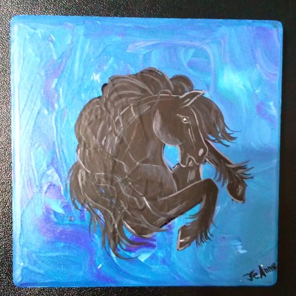 Hand Crafted Painted Friesian Horses Cerulean Blue Coasters Home Decor Interior - Picture 4 of 6